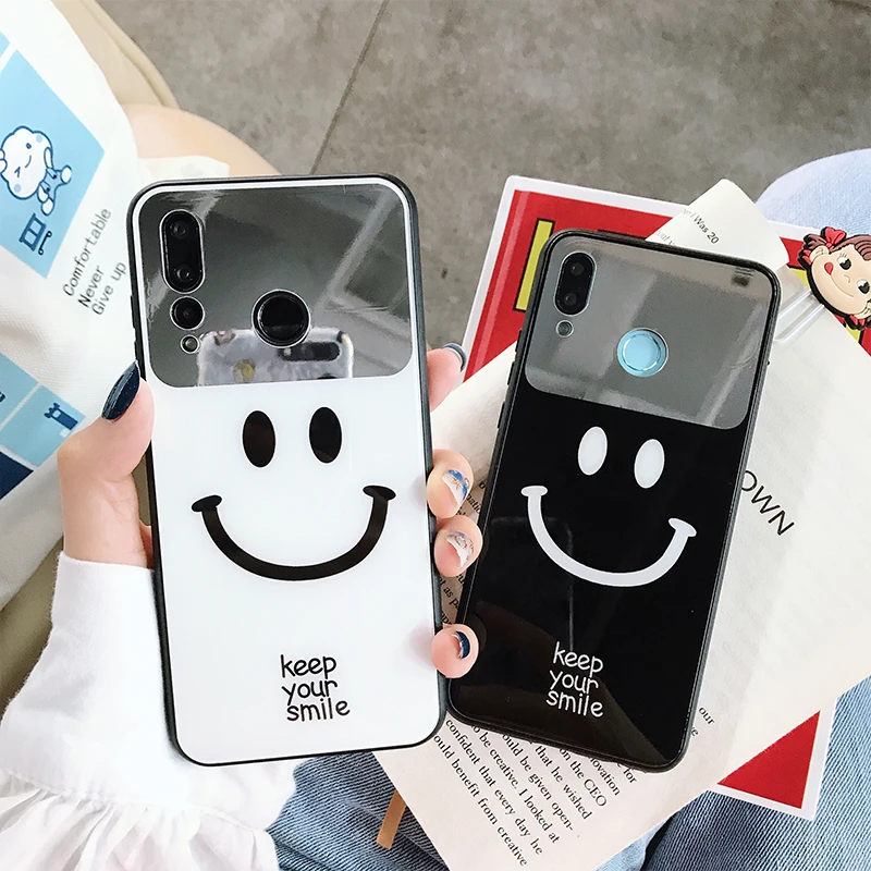 Роскошный зеркальный чехол для huawei P20 P30 Pro закаленное стекло смайлик крышка