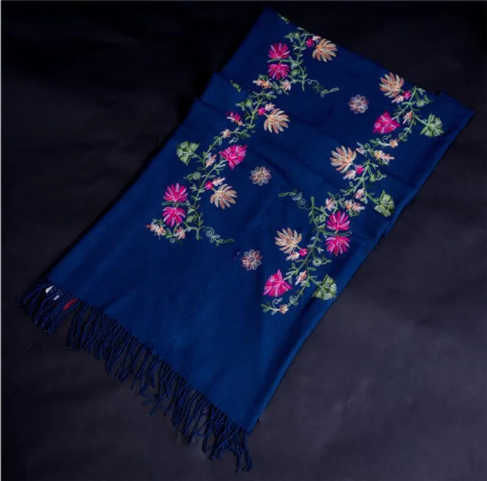 Navy Blue Черный вышитый цветок женский Пашмина хиджаб шарф Зимний теплый жаккард Chal длинные кисточки шаль Цветочный глушитель шарфы - Цвет: Navy Blue