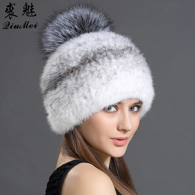 Женская шапка зимние шапки из натурального меха норки женские с помпоном