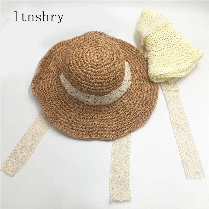 Шляпа женская Соломенная с бантом простая пляжная Панама от солнца кружевной