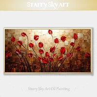 pure hand painted palette knife thick painting flower oil painting on canvas beautiful wall art knife red flowers oil painting