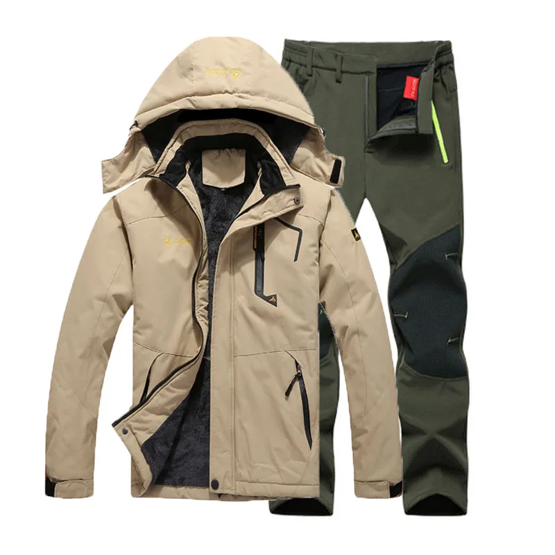 Khaki Green Suit Большие размеры 6XL мужские зимние меховые водонепроницаемые теплые рыболовные треккинговые походные лыжные куртки флисовые спортивные штаны - Цвет: Khaki Green Suit