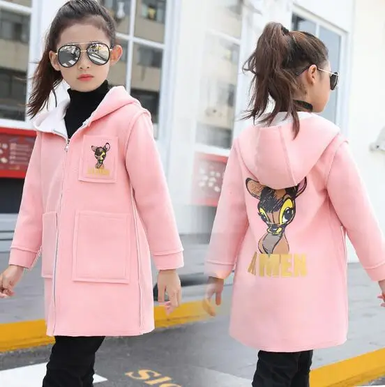 zipper pink В году, Осенняя детская одежда девушки пальто мод печати оленей Тонкий с капюшоном девочка смешанные пальто для девочек, большие дети, верхняя одежда - Цвет: zipper pink