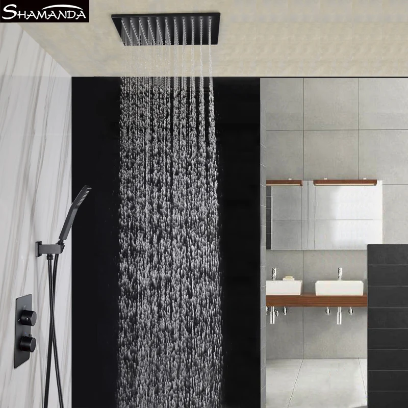 Brass Wall Mounted Black Thermostatic Shower Set Faucets Ceiling/Wall Arm Handheld With 8/10/12/16 Inch Rain Head | Обустройство дома