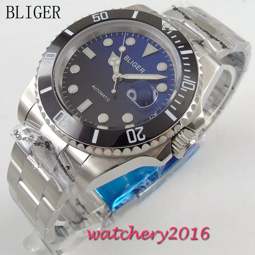 

40mm Bliger black Blue Dial Sapphire Glass Date Window Stainless Steel Luminous Marks Miyota Automatic Movement Men's Watch