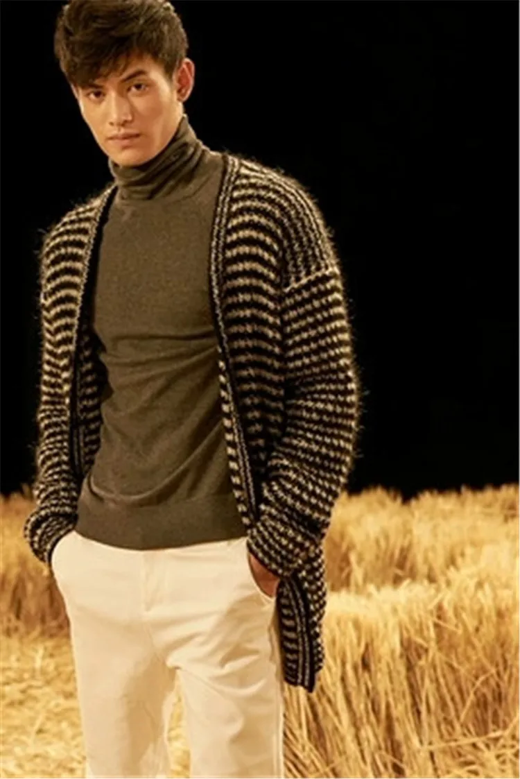 Ручная работа из чистой шерсти Vneck вязаный мужской модный черно-белый полосатый H-Прямой Кардиган свитер на заказ