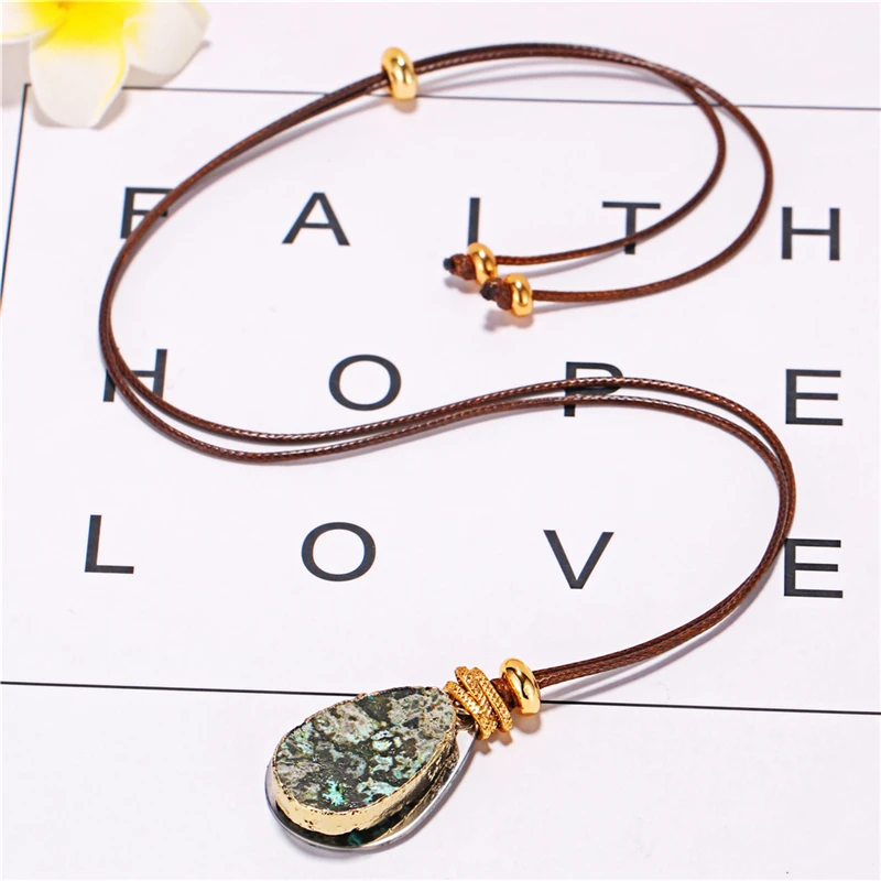 Natural Gem Stone Long Leather Rope Chain Necklace Unique Pattern Pendant Handmade Design For Women Men Charm Jewelry Statement | Украшения