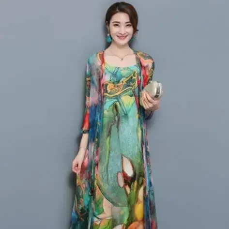 Женское шифоновое платье на бретельках осеннее большого размера 3XL 4XL + кардиган с