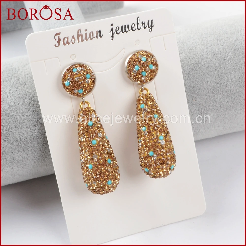 

BOROSA New Druzy Drop Earrings Teardrop Silver Color Golden Crystal Rhinestone Pave Long Drop Beads Earrings for Women JAB696