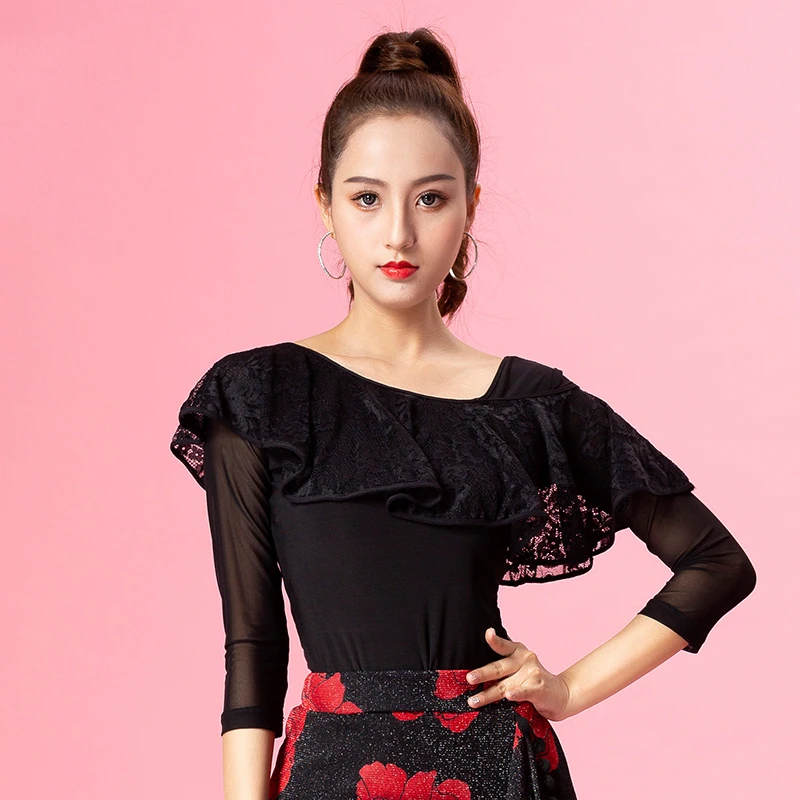 2019 New Latin Dance Tops Long-Sleeved Female Adult Net Yarn Splice Standard Women Clothing Ballroom Salsa Samba DL3620 | Тематическая