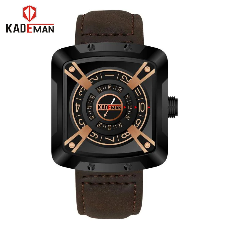 Brown Black Gold Новинка KADEMAN модные часы Мужские кварцевые спортивные кожаные Наручные Часы повседневные водонепроницаемые уникальный дизайн Relogio Masculino 612G - Цвет: Brown Black Gold