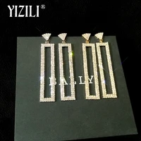 yizili luxury korean rectangle sparkling crystal long earrings for women rhinestone simple bridal bride wedding party e069