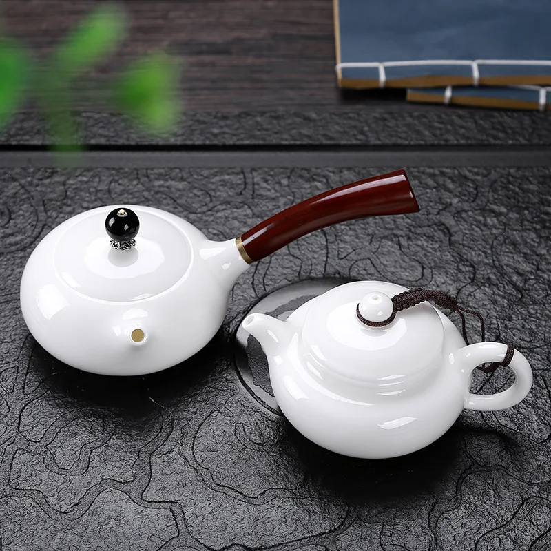 Dehua suet jade white porcelain Chinese household solid wood side teapot handmade health | Дом и сад