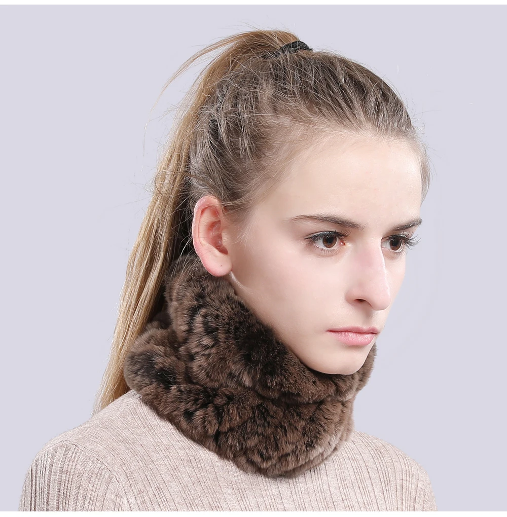 Women Real Fur Handmade Stretch Fur Scarf Knit Genuine Rex Rabbit Fur Headbands Girls Natural Fur Ring Cowl Snood Scarves Winter