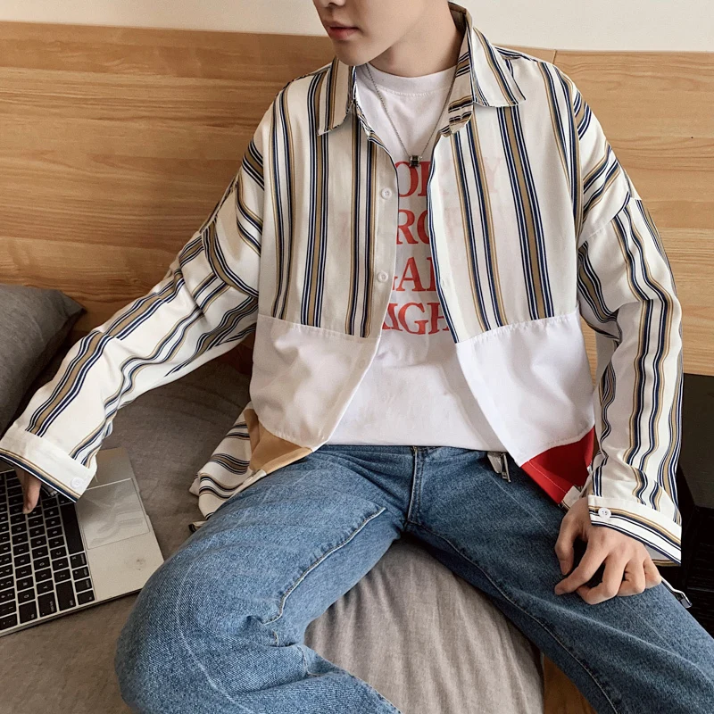 Летняя новая полосатая рубашка Мужская модная контрастная Повседневная Уличная
