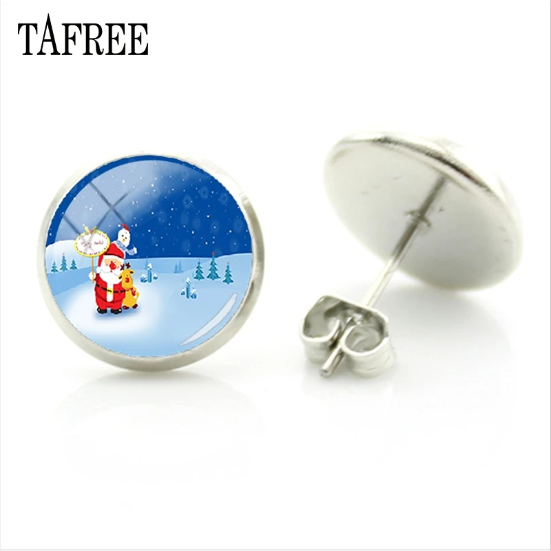 Зимние милые стеклянные серьги-гвоздики TAFREE с изображением снеговика