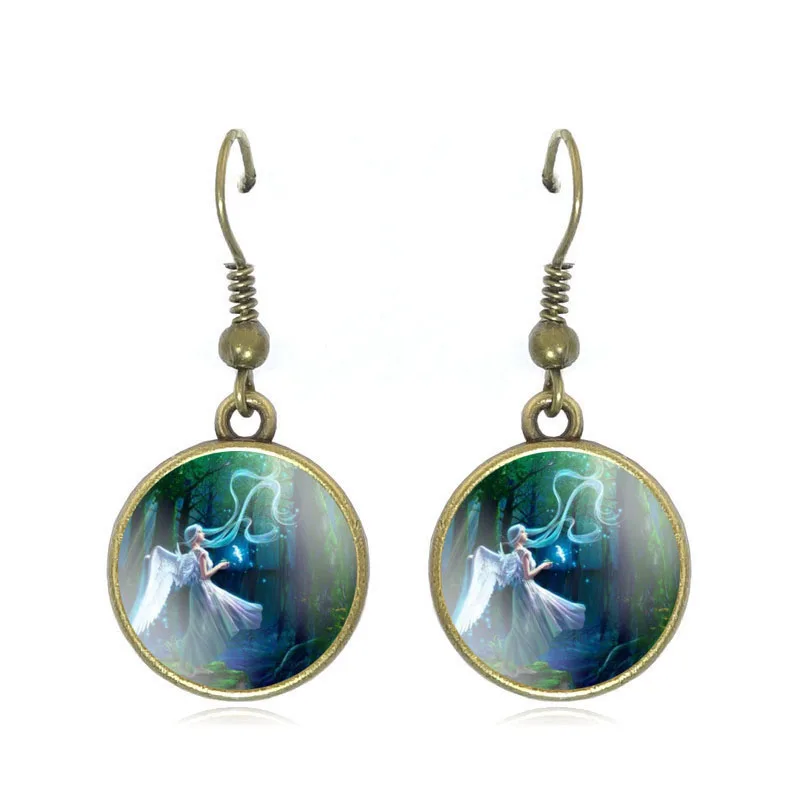 Серьги-капельки с красивым ангелом Винтажные серьги кабошонами из стекла