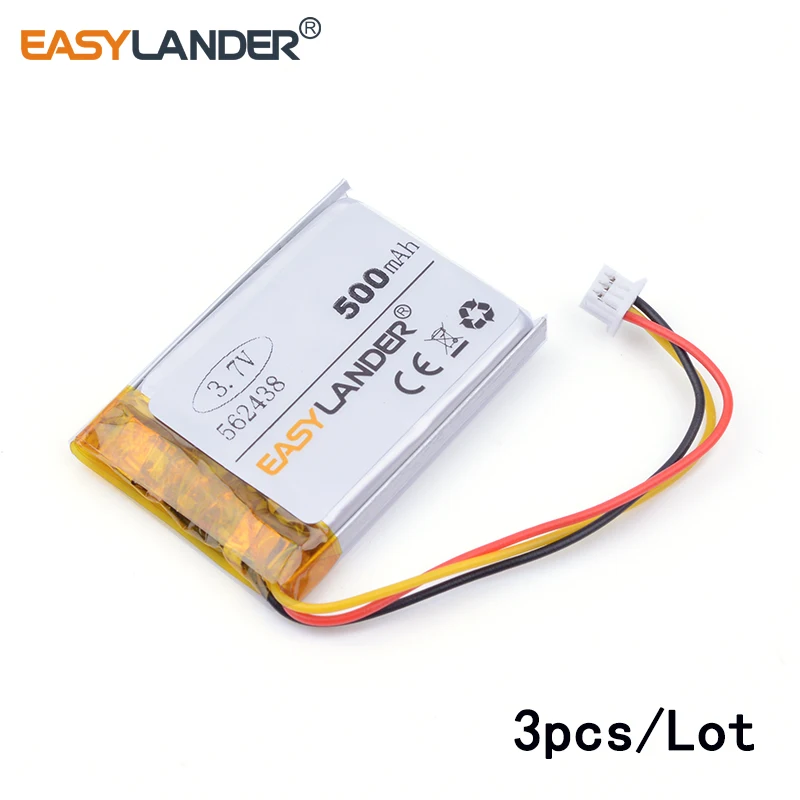 

3pcs /Lot 500mAH 562438 3.7v lithium Li ion polymer rechargeable battery for GPS mp3 mp4,cell phone speaker Shome combo A1