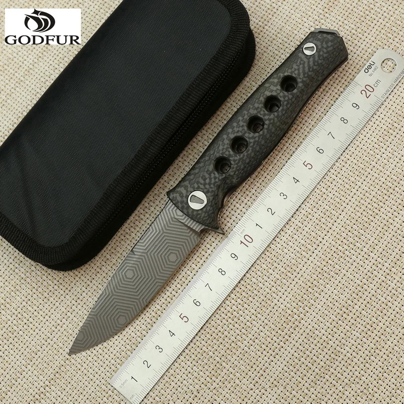 Складной нож GODFUR титановый походный охотничий клинок Dr Death Mayo Flipper D2 TC4 ручка CF для