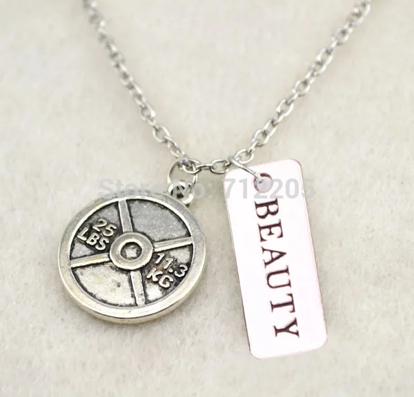 Fitness Weightlifting antique silver Vintage Circle 25LBS 11.3KG Weight Plate and BEAUTY sports Gym necklace | Украшения и
