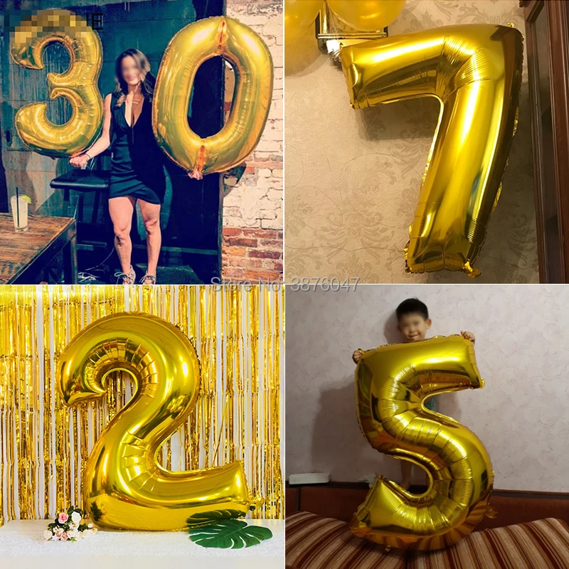 40 дюймов цифры воздушные шары золотые серебряные гигантские фольгированные для