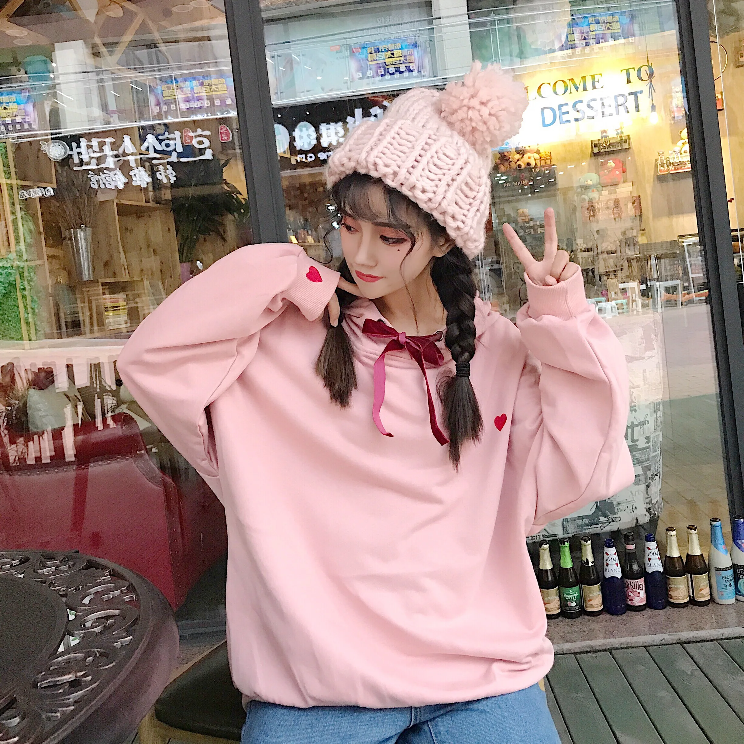 Harajuku толстовка женская осень зима корейский стиль милое сердце флис толстый с капюшоном длинным рукавом кофты Женские топы