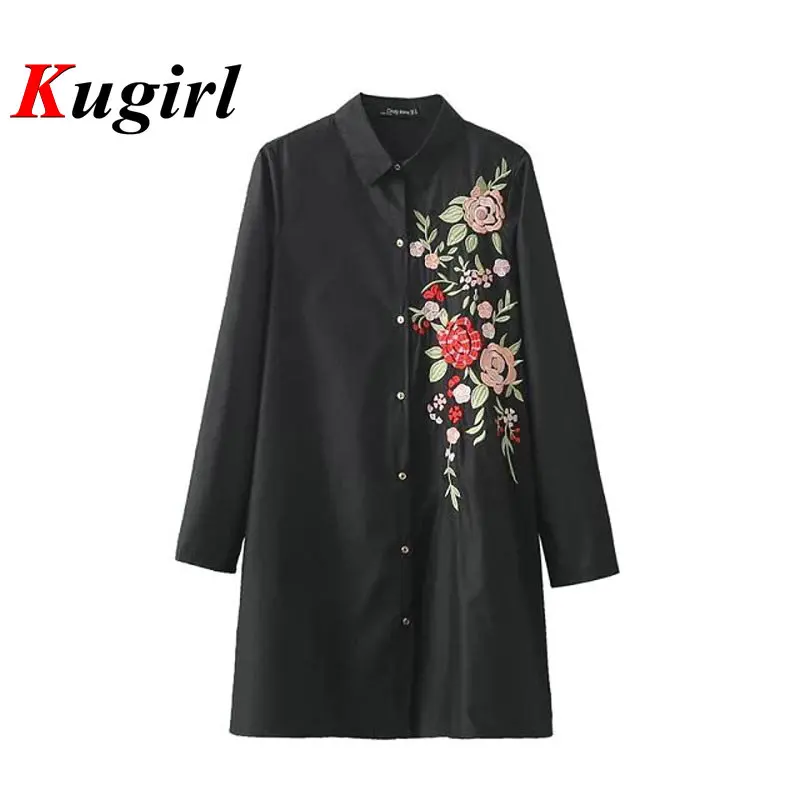 Spring Women Black flower embroidery long loose cotton shirt Long sleeve Mid Tops blusas chemise femme blusa |