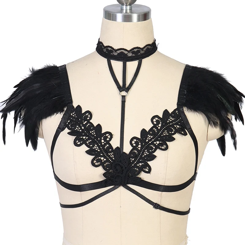 Женская портупея для тела бюстгальтер клетка с крыльями из перьев бандаж