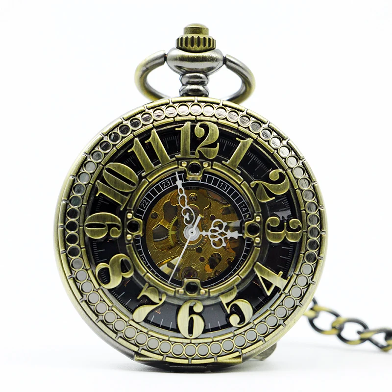 Bronze Digital Display Skeleton Breeze Manual Mechanical Pocket Watch Vintage Pendant Necklace Bracelet Steampunk Clock Gift