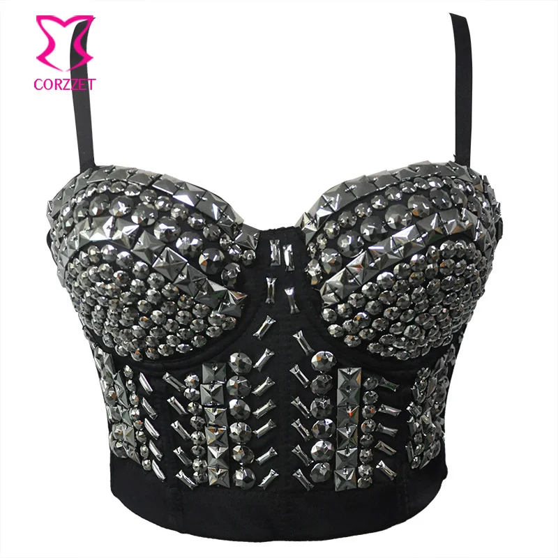 

Silver Resin Gems Beading Punk Rock Club Wear Dancing Soutient Gorge Sexy Bra Women Bralette Top Sujetador Push Up Brasier Mujer