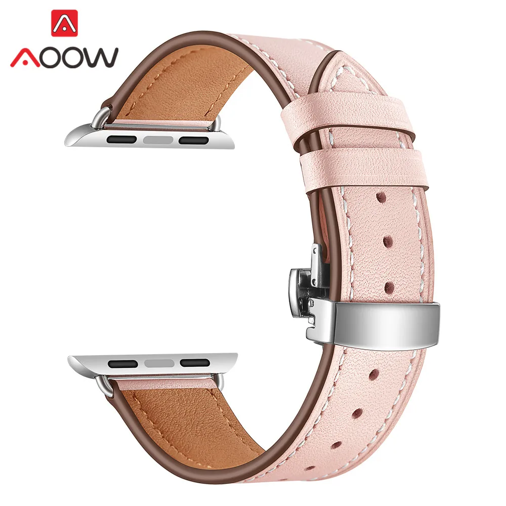 Pink silver Ремешок для часов из натуральной коровьей кожи для Apple Watch 40 мм 44 мм 38 мм 42 мм 4 iwatch роскошный браслет из розового золота с бабочкой - Цвет ремешка: Pink silver
