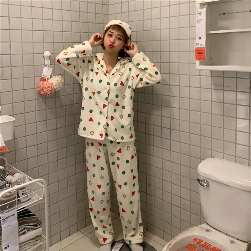 Пижамные комплекты для женщин с геометрическим принтом Kawaii, зимняя теплая фланелевая Женская домашняя одежда с длинным рукавом, комплект из двух предметов, милая Пижама, Новинка
