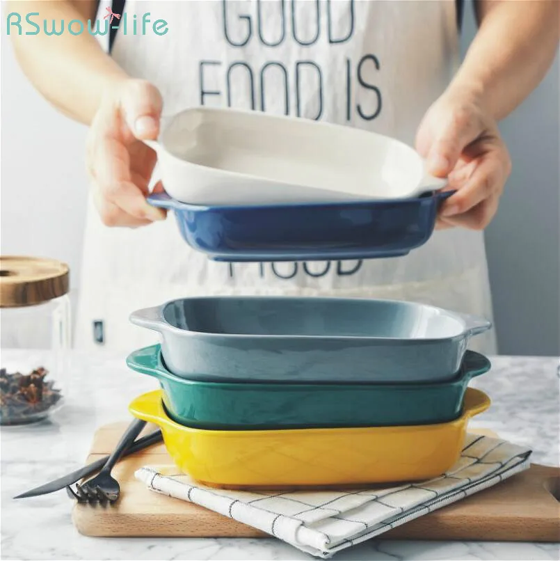 

European-Style Glazed Ovenware Baking Dish Double-Eared Rectangular Ceramic Baking Mould Pasta Dishes Pans Baking Tray Kitchen