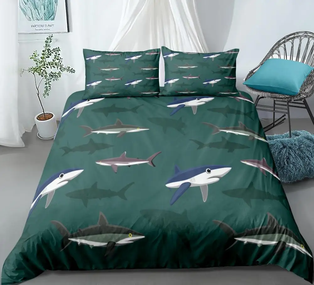

Green Shark Bedding Set for Kids Ocean Animal Duvet Cover Set Boy Fish 3D Digital Printing Bed Line King 100% Microfiber
