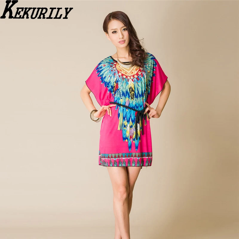 Женская летняя пляжная одежда богемная Цветочная футболка бохо платье туника