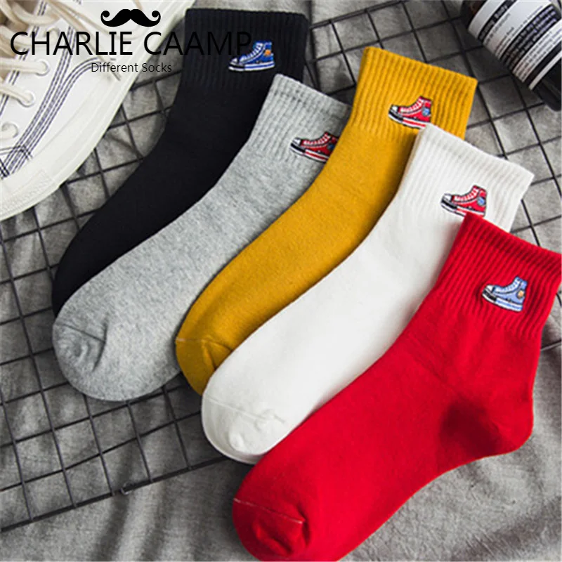 Женские носки сезон осень-зима Новинка парусиновая обувь с вышивкой хлопковые