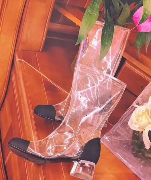 Очень популярные прозрачные женские сапоги с квадратным носком из ПВХ ботфорты