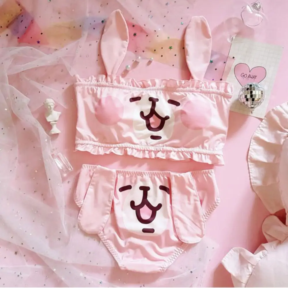 Японский стиль Лолита Kawaii мультфильм нижнее белье комплект молочного шелка Camisoles и трусики без косточек Мягкие Нижнее белье наборы Студенческая девушка - Цвет: Розовый