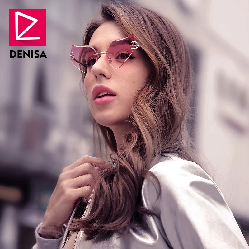 Женские солнцезащитные очки без оправы DENISA розовые с кошачьим глазом UV400