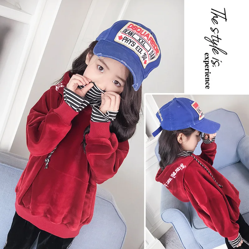 2017 Winter Girls gold velvet backing shirt children high collar striped hooded fake two sweater | Детская одежда и обувь