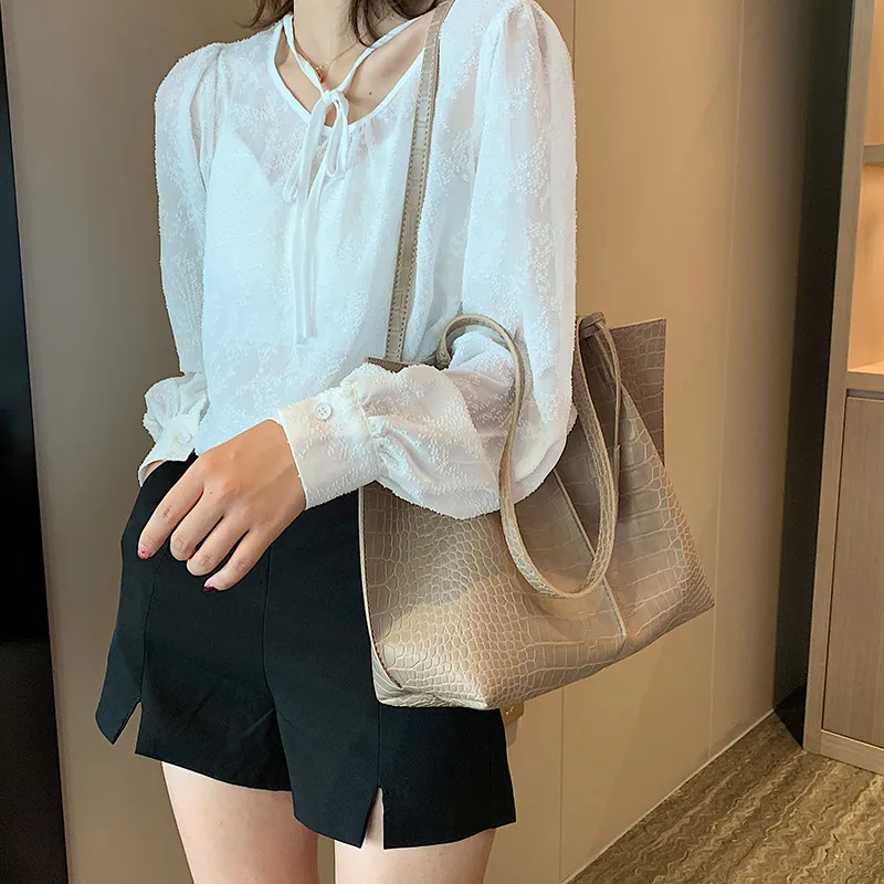 2 Piece Large Women Shoulder Bag Set Ruched Crocodile Alligator Composite Bag Big Capacity Female Handbag Shopping Traveling Bag