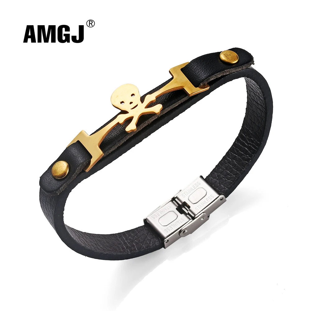 AMGJ браслет из натуральной кожи в стиле панк рок кости скелета черепа черного