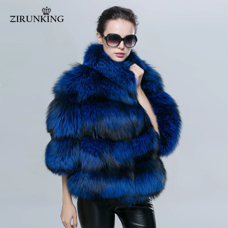 ZIRUNKING/синяя женская натуральная черно-бурая лиса пальто с мехом модная Шуба с воротником-стойкой Женская Толстая теплая куртка ZC1610