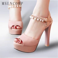 plus size 34 43 summer high heels women sandals platform fish peep fashion pearls buckle strap party wedding ladies shoes female