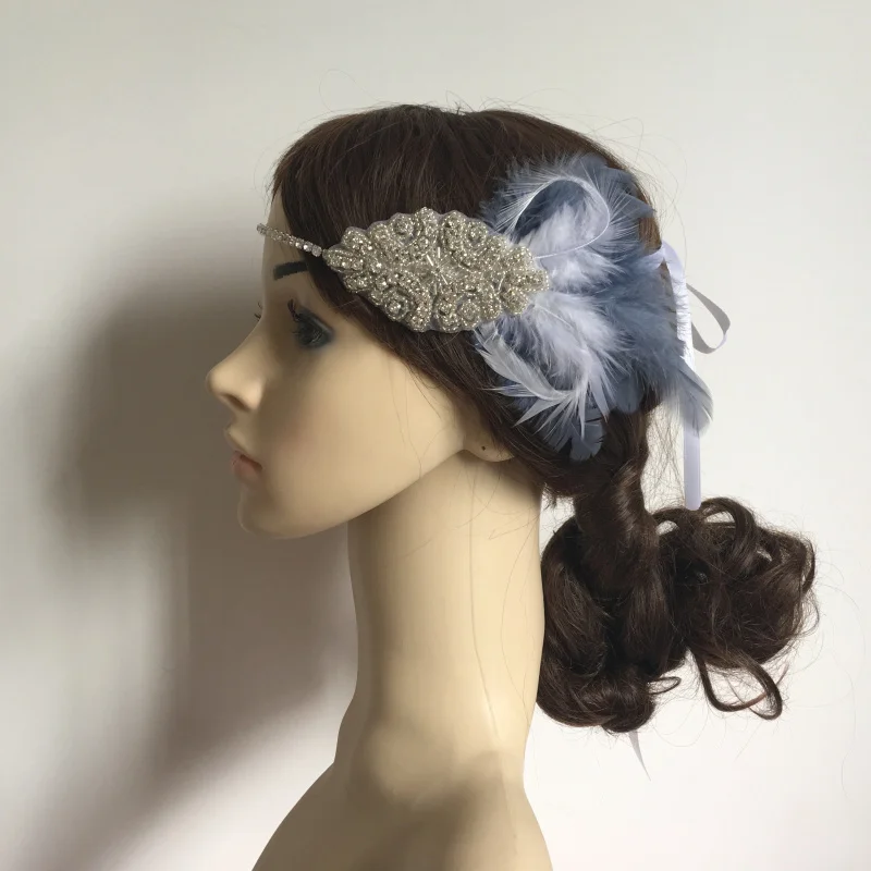 Винтажная элегантная повязка на голову Стразы со стразами украшение с перьями в