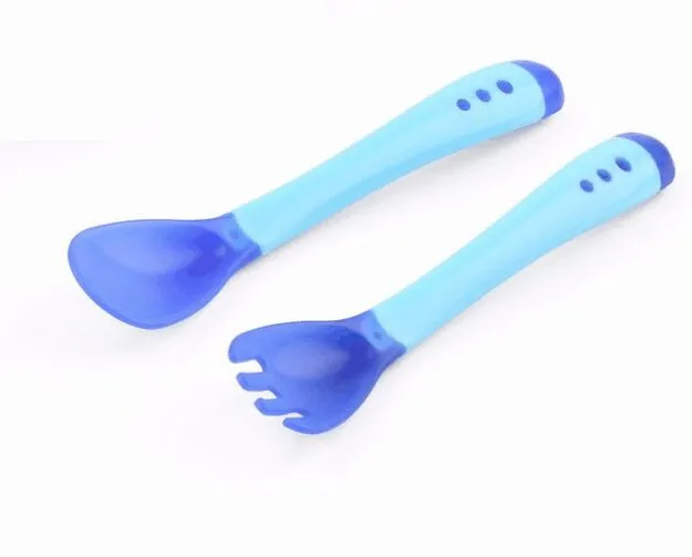 blue spoon and fork Детская миска+ ложка с датчиком температуры+ вилка, миска для кормления детей, набор детской посуды для обучения, набор посуды - Цвет: blue spoon and fork