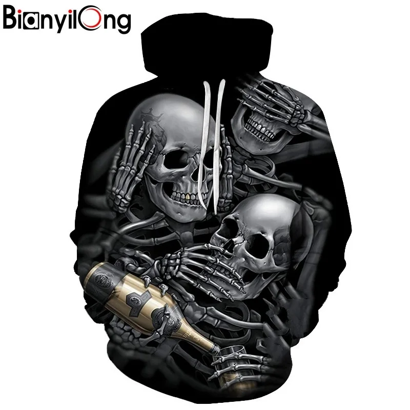 BIANYILONG новые модные мужские/женские 3d толстовки с капюшоном и принтом черепа шампанского тонкие 3d толстовки с капюшоном осенние винтопы
