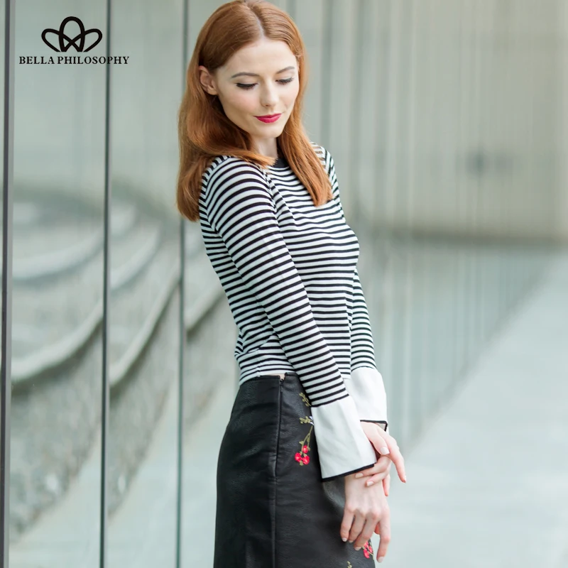 Белла Пособия по философии осень 2017 г. модная полосатая блузка рубашка Для женщин