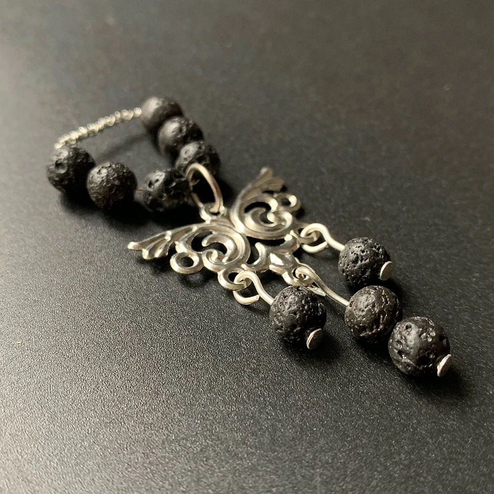 Кулон из черного бисера натуральной лавы ожерелье с медной проволокой ювелирное