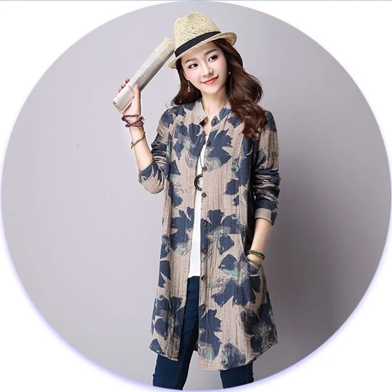 Рубашка женская винтажная из хлопка и льна с принтом на весну осень 2019|Блузки| |